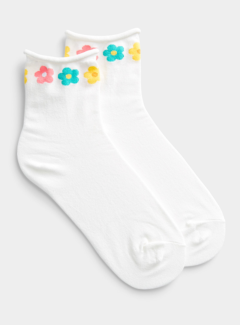 Simons White Pop floral socks for women