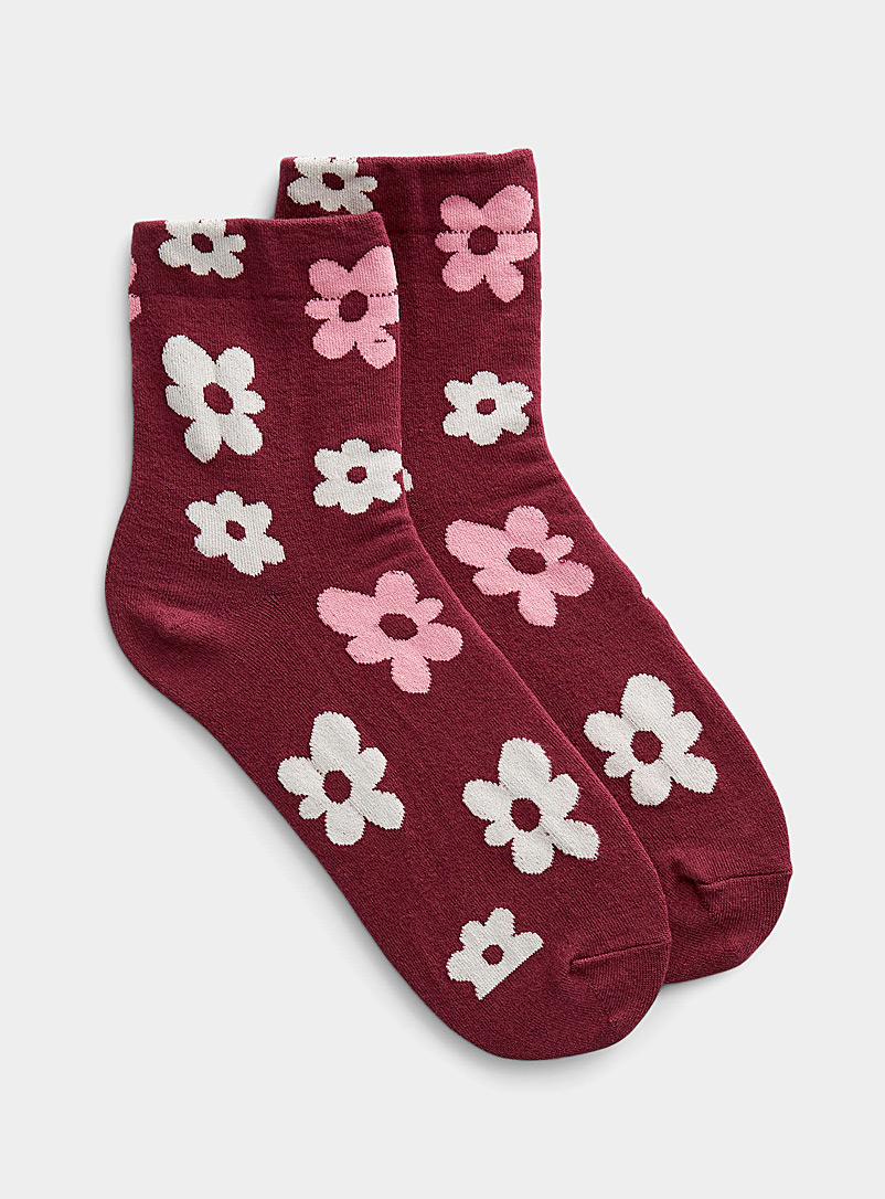 Simons: La chaussette colorée fleurs rétro Rouge foncé-vin-rubis pour femme