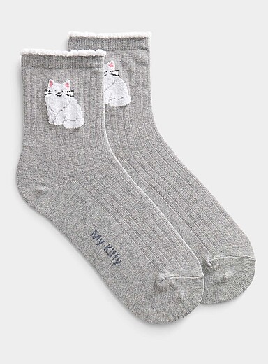 Simons Black Scalloped-edge kitten ankle socks for women