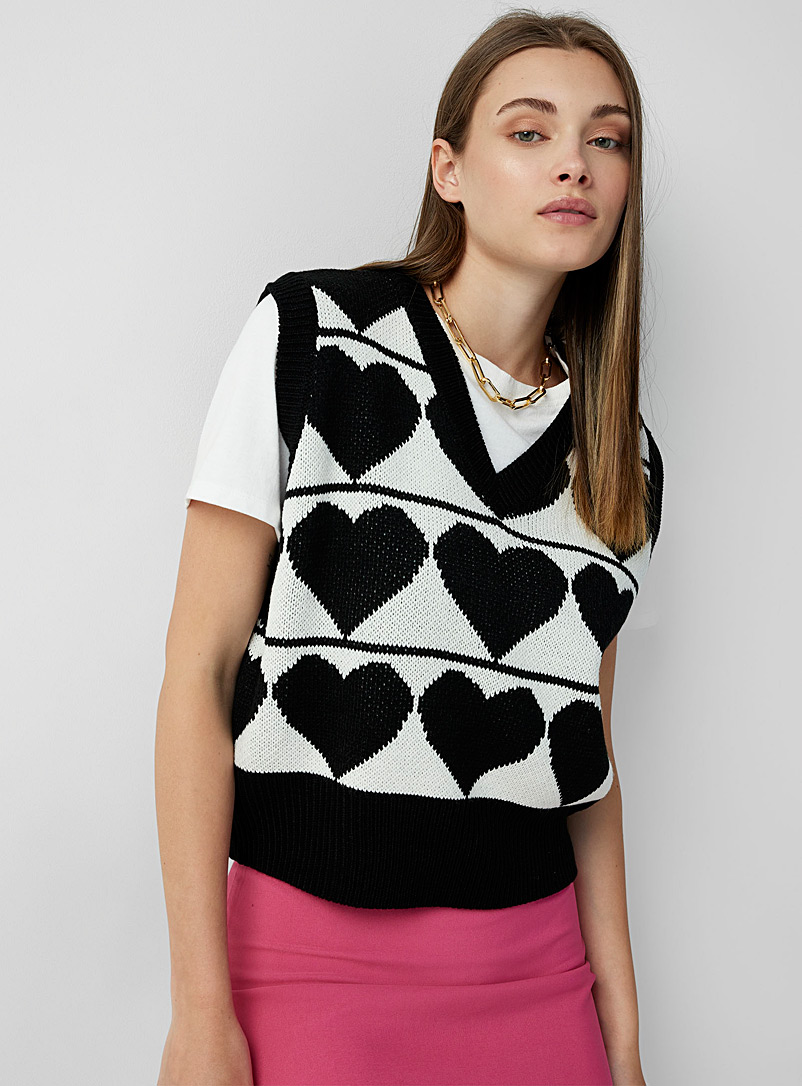 Twik Patterned Black Striped hearts sweater vest for women