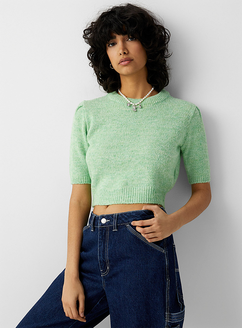 Twik Lime Green Puff-sleeve cropped sweater for women