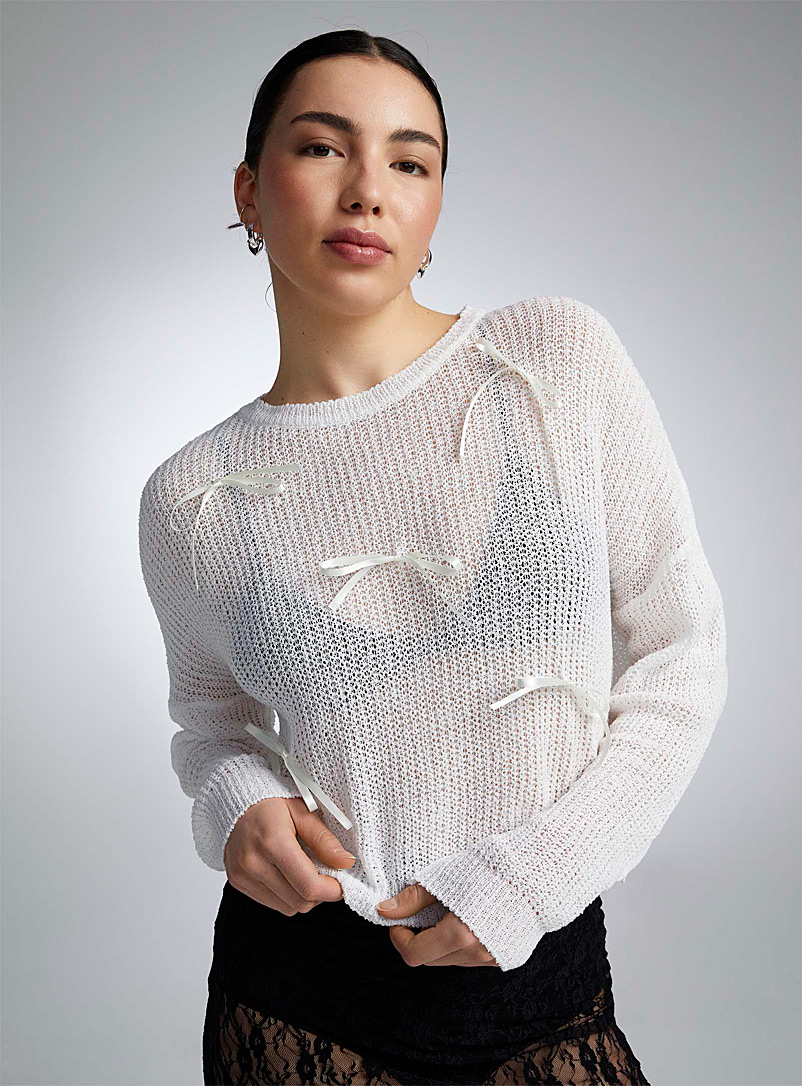 Twik Off White Satiny ribbons sweater for women