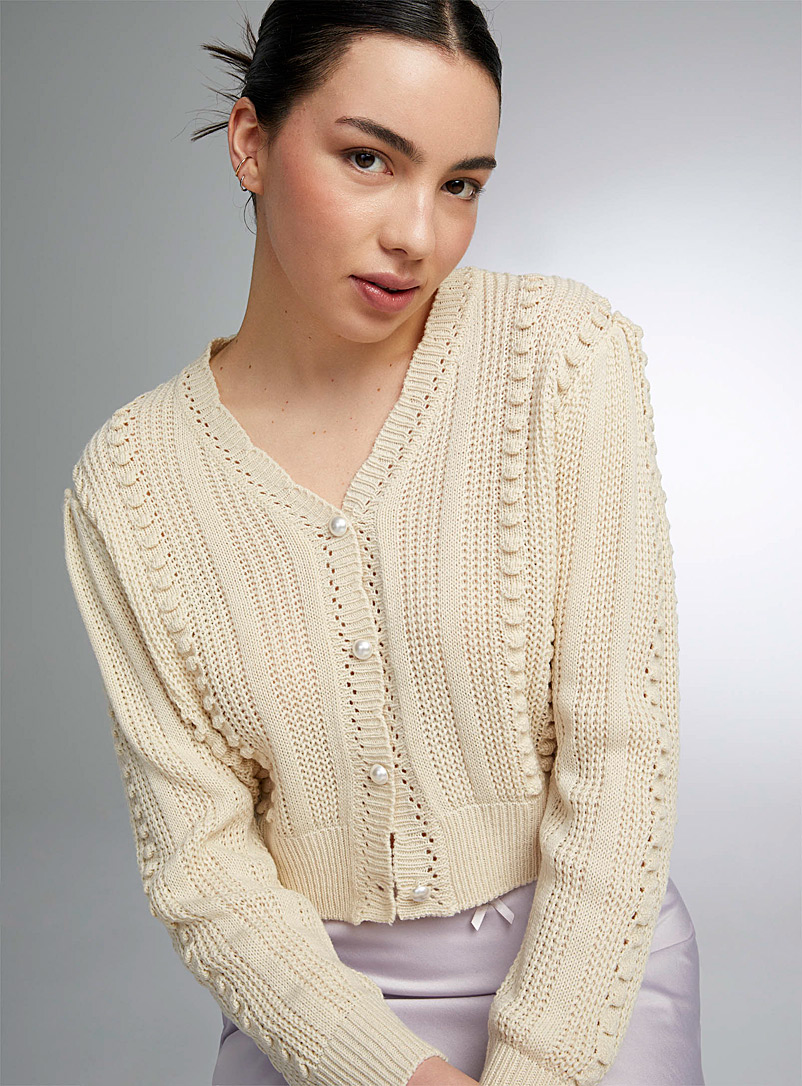 Twik Off White Pompons and pearly buttons cardigan for women