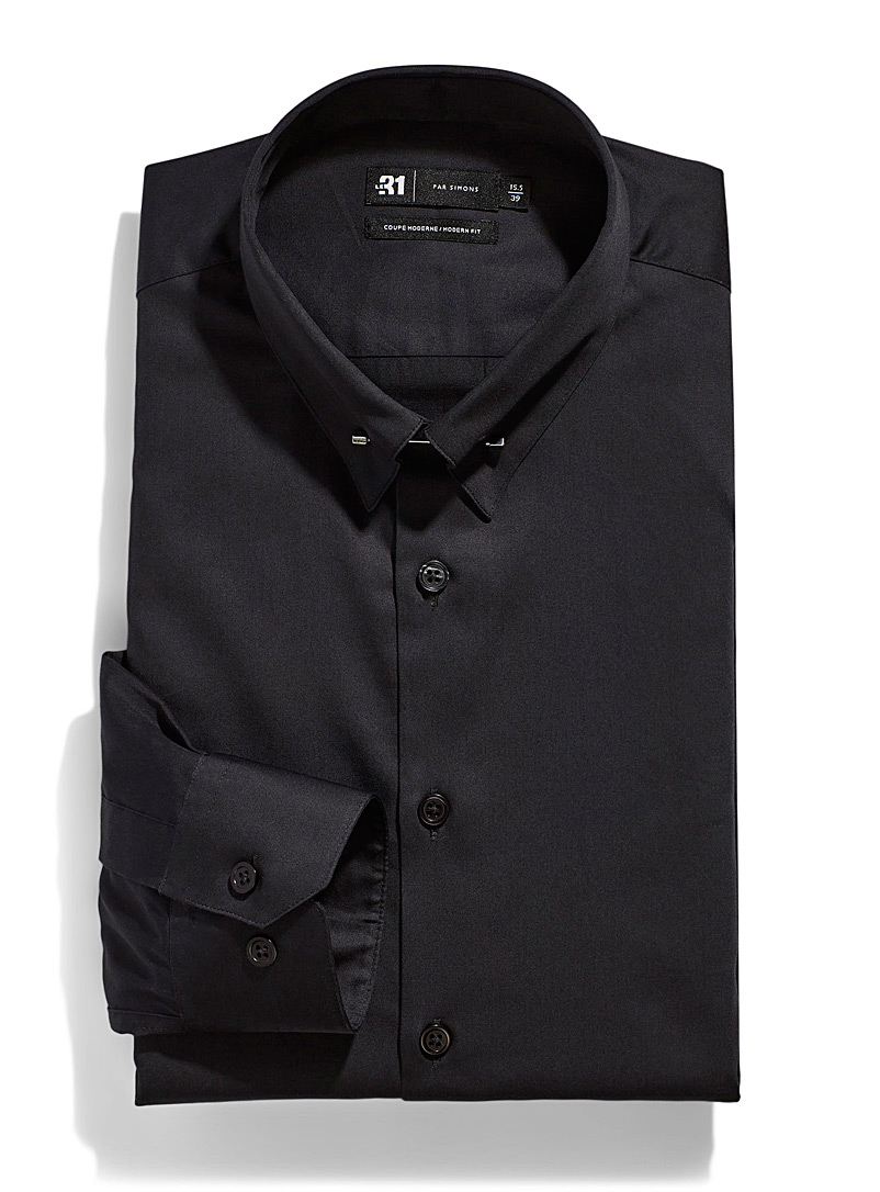 Le 31 Patterned Black Metallic collar-bar shirt Modern fit for men