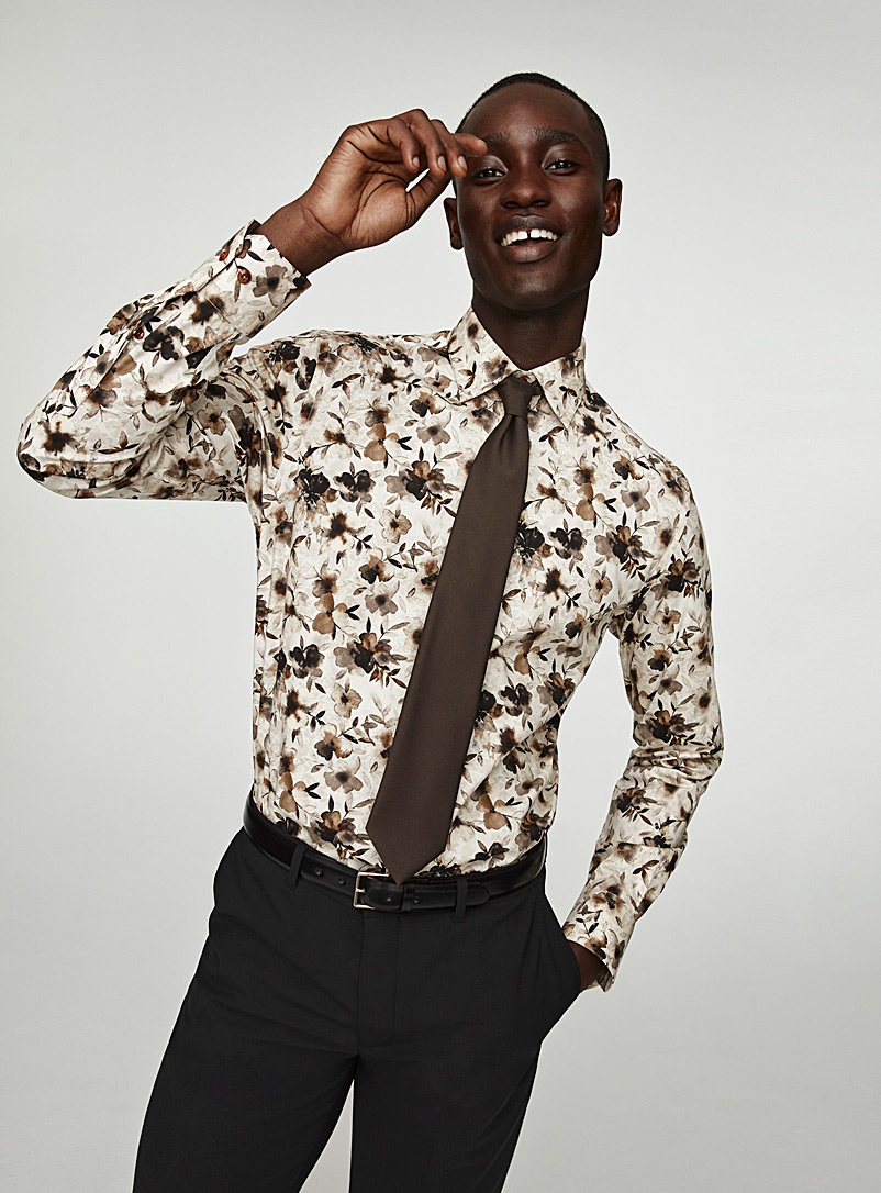 Le 31 Sand Coffee-coloured floral shirt Modern fit for men