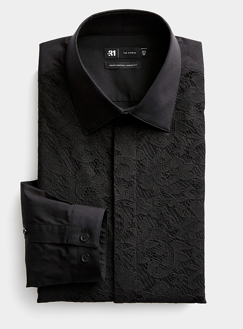 Le 31 Black Black lace shirt Modern fit for men