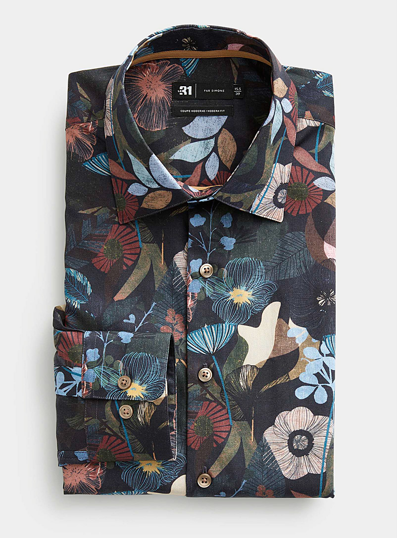 Le 31 Patterned Brown Floral-work shirt for men