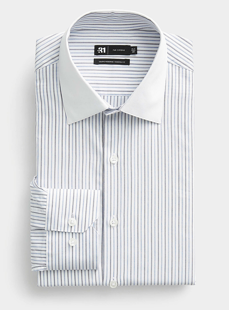 Le 31: La chemise rayée col blanc Coupe moderne Blanc à motifs pour homme