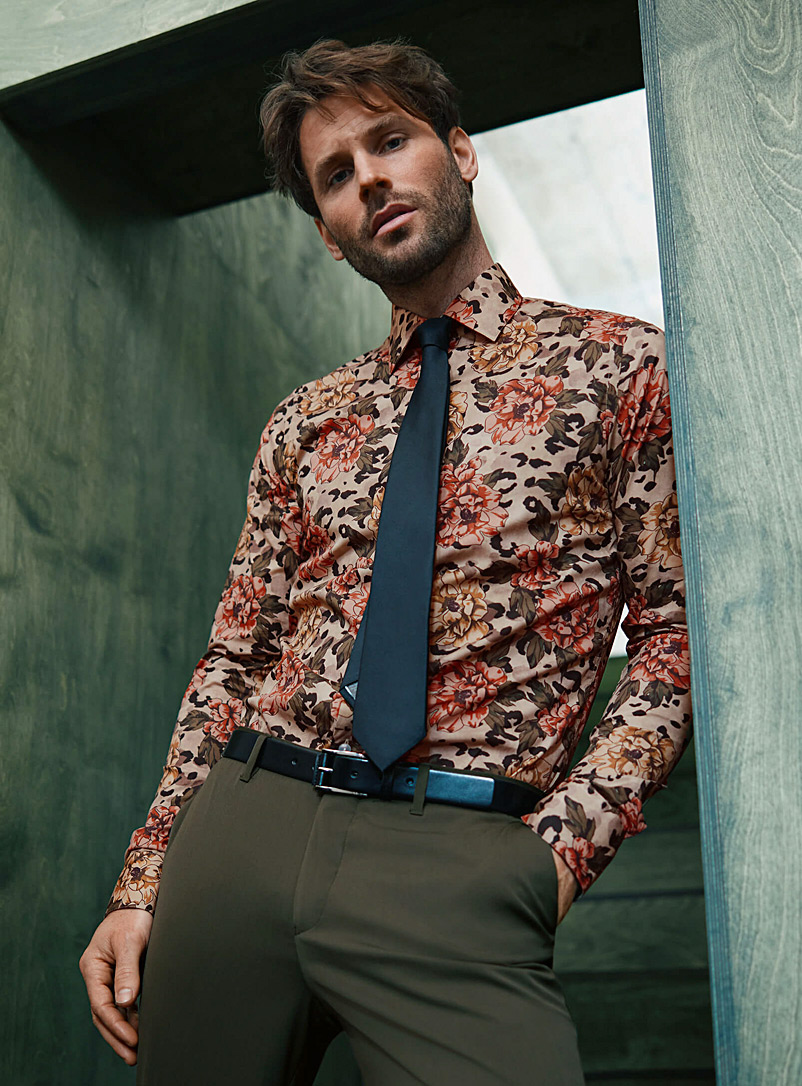 Le 31 Patterned Brown Wild peony shirt Slim fit for men