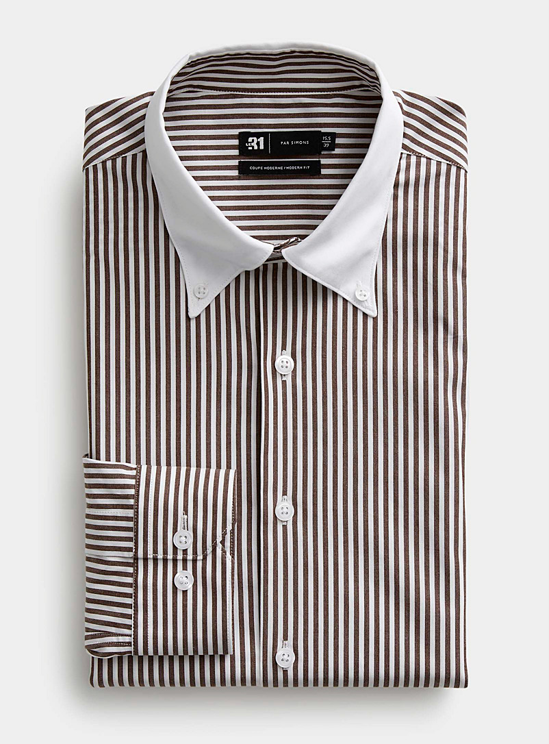 Le 31 Patterned White Twin stripe button-neck shirt Modern fit for men