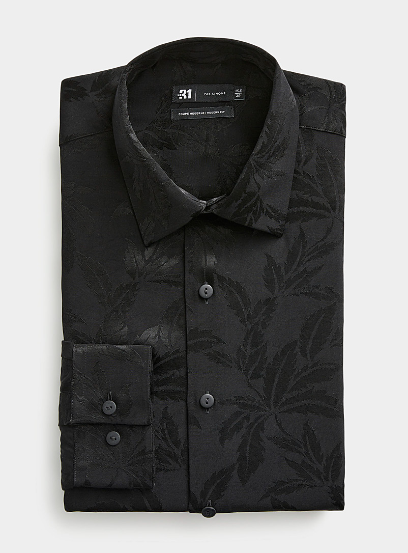 Le 31 Black Satiny foliage fluid shirt Modern fit for men
