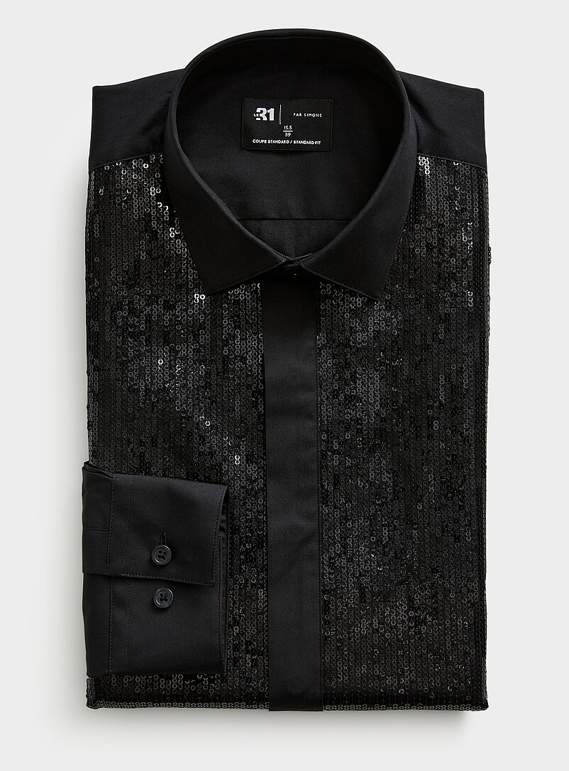 Le 31: La chemise noire &agrave; paillettes <b>Coupe standard</b> Noir pour homme