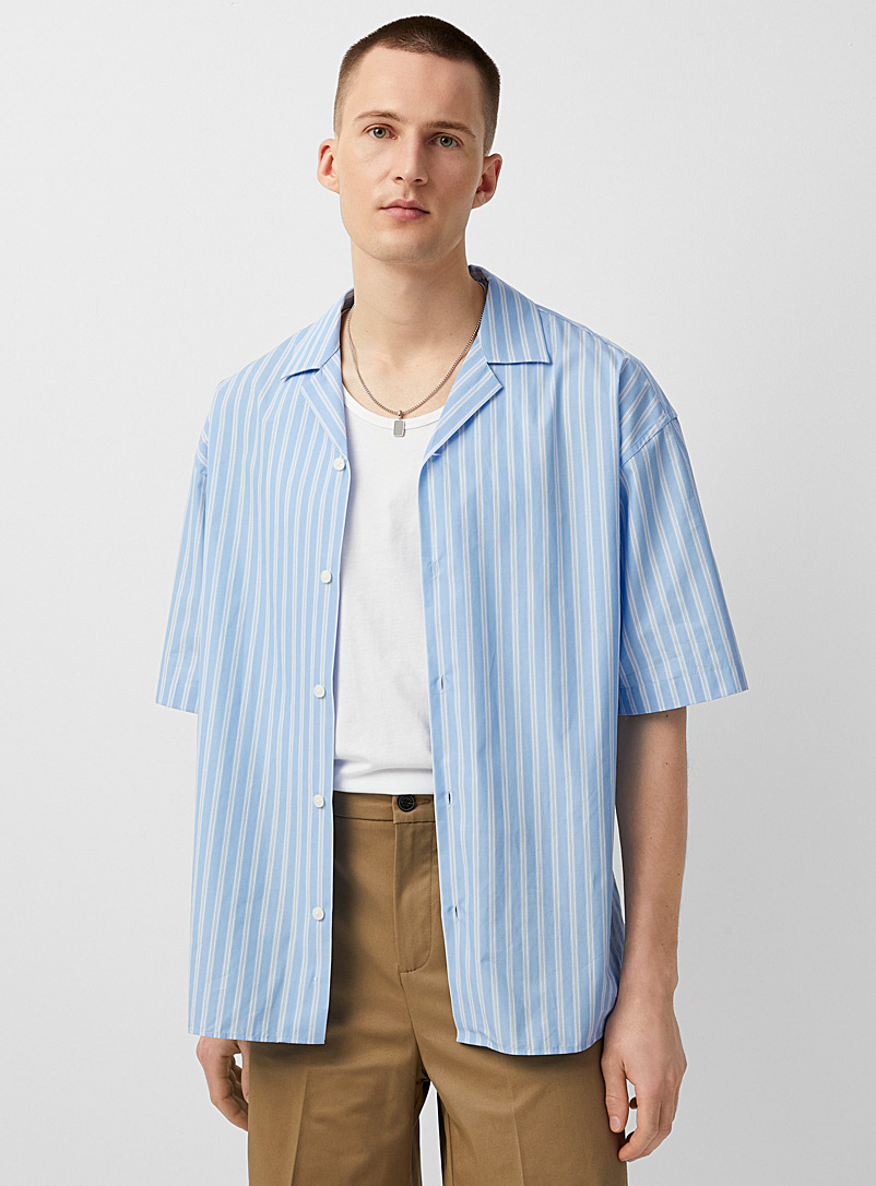 Le 31 Baby Blue Loose striped camp shirt for men