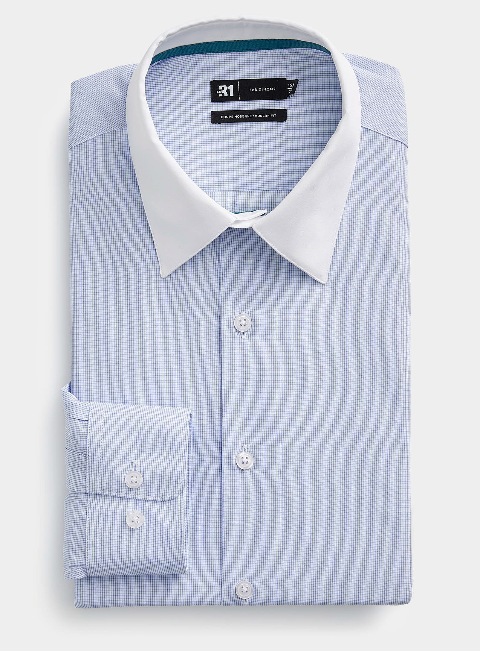 Le 31 Contrast-collar Mini-check Shirt Modern Fit In Baby Blue