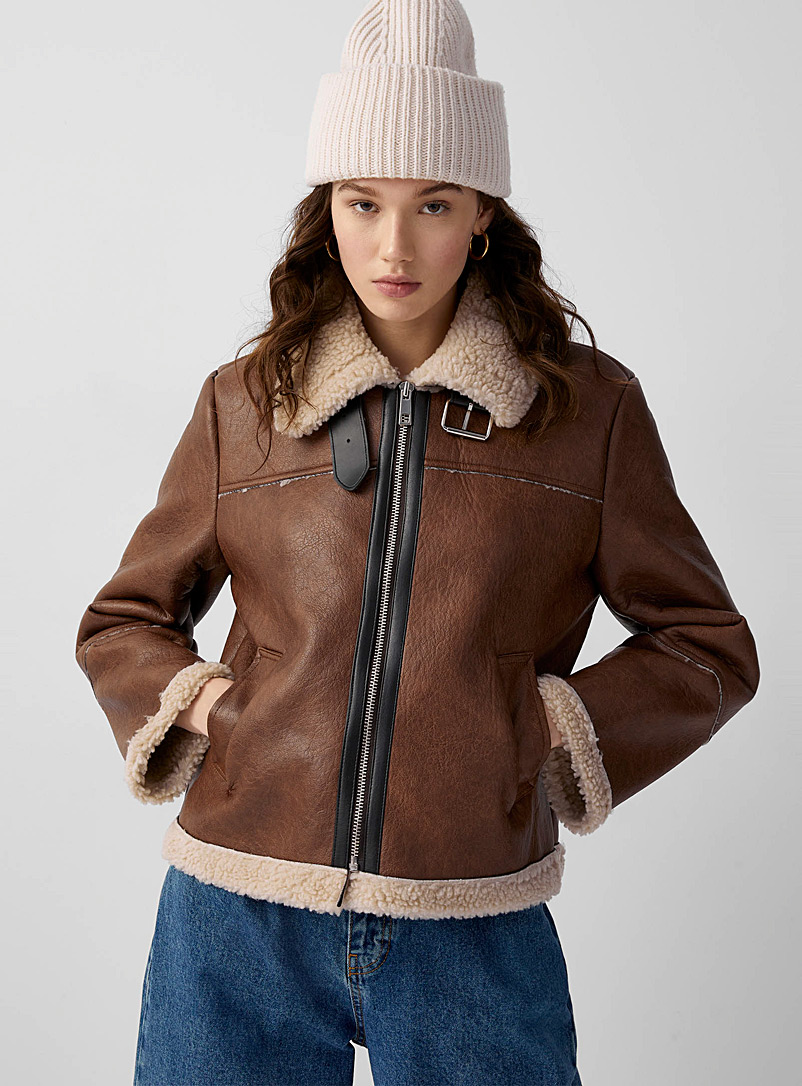 Twik Brown Sherpa edging faux-leather jacket for women