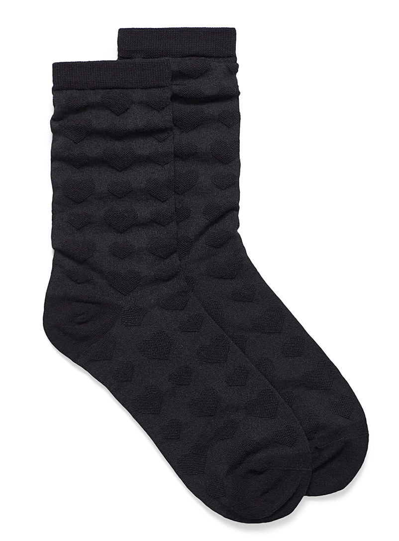 Simons Black Organic cotton embossed heart socks for women
