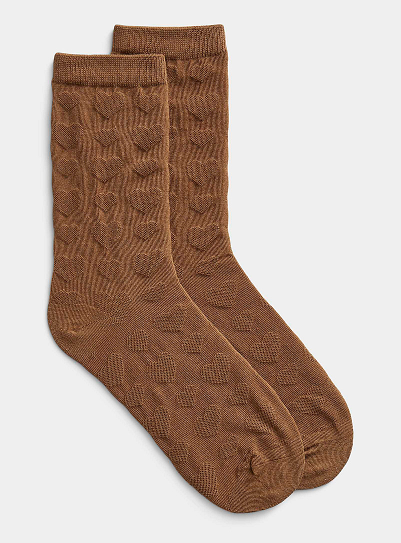 Simons Dark Brown Organic cotton embossed heart socks for women
