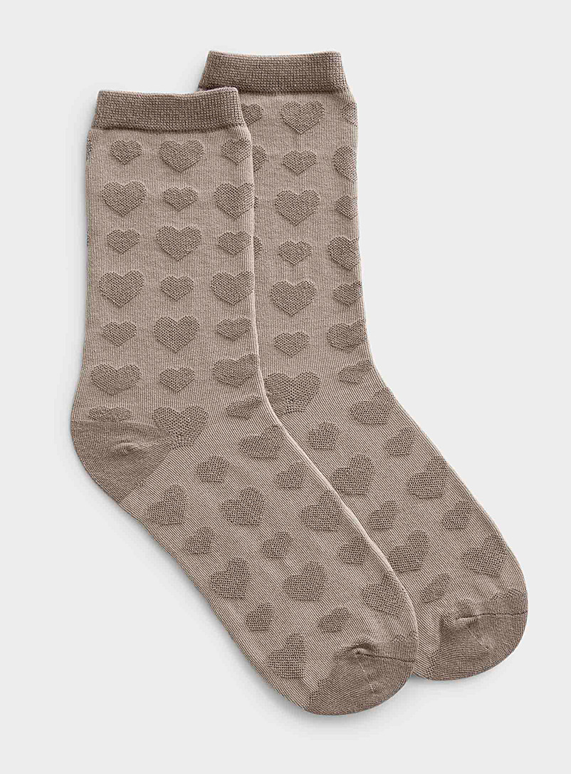 Simons Light Brown Organic cotton embossed heart socks for women