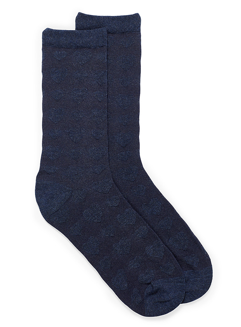 Simons Dark Blue Organic cotton embossed heart socks for women