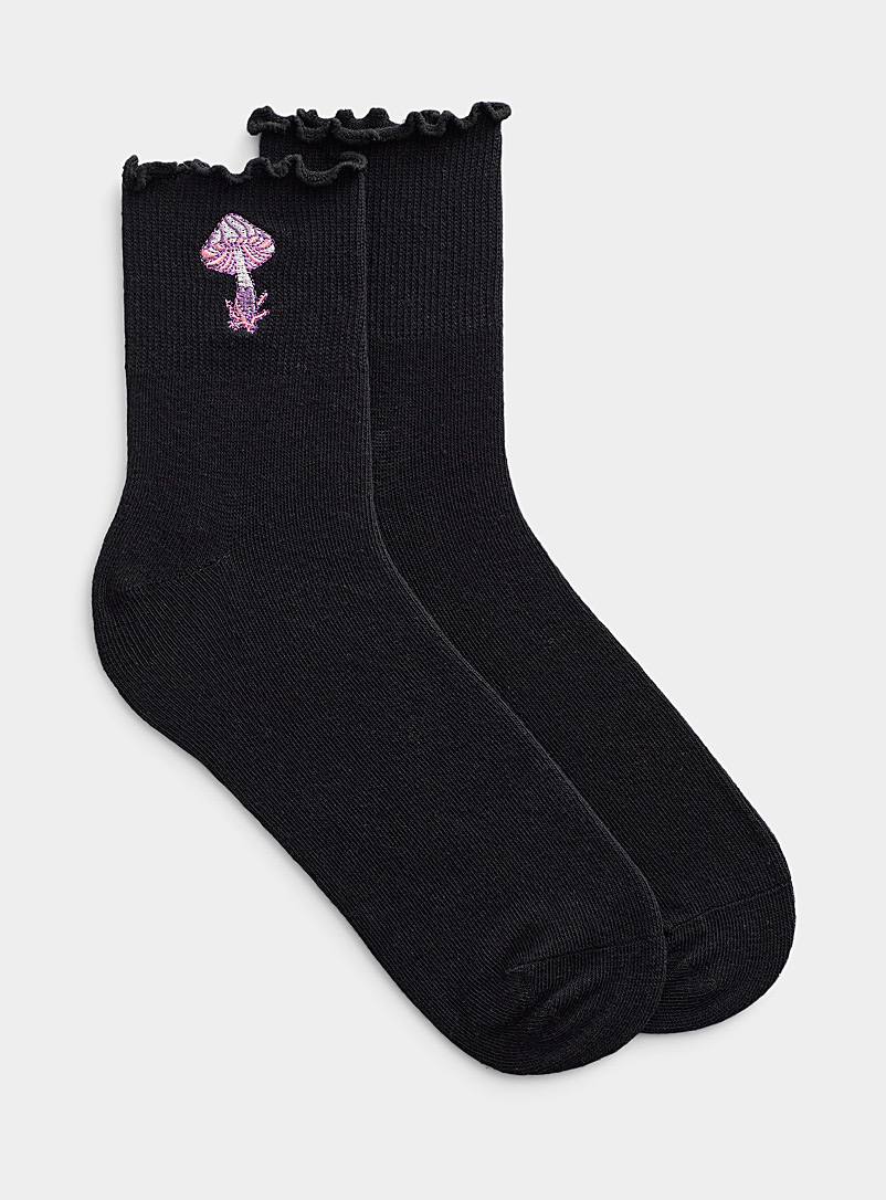 Simons Patterned Black Embroidery ruffled ankle socks for women