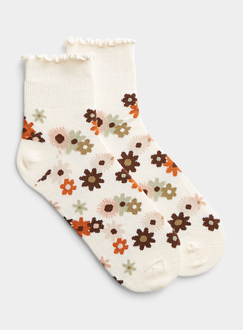 Simons Patterned White Contrast-ruffle ankle socks for women
