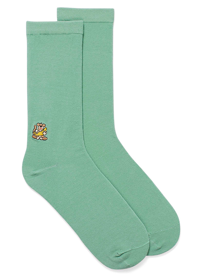 Simons Lime Green Ankle-embroidery organic cotton socks for women