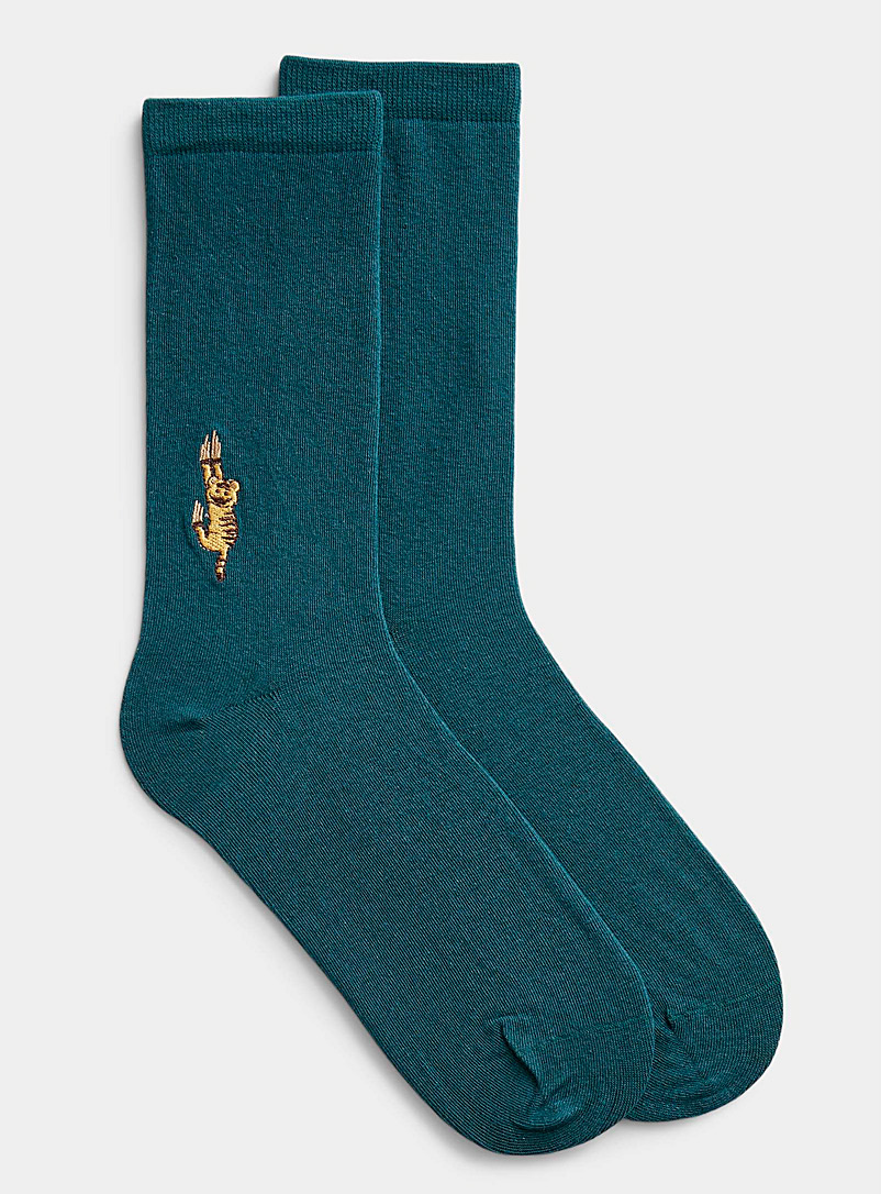 Simons Teal Ankle-embroidery organic cotton socks for women