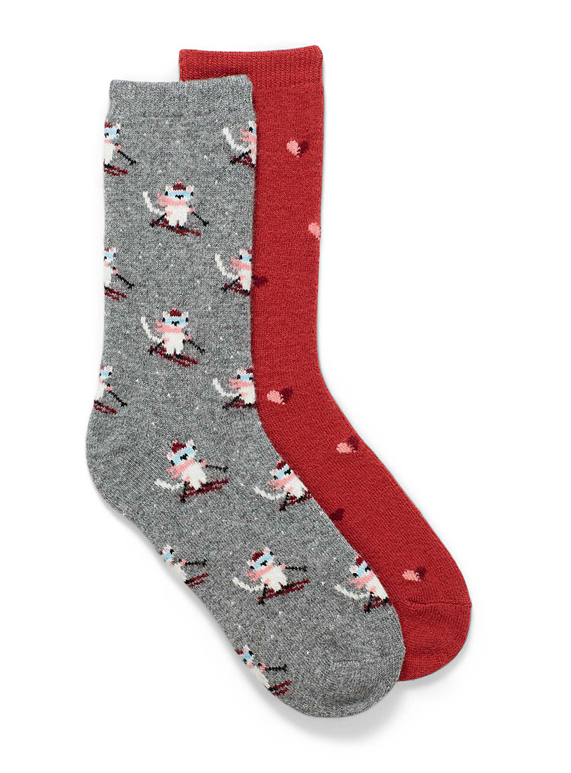 Simons Grey Skiing cats and hearts socks Set of 2 for women