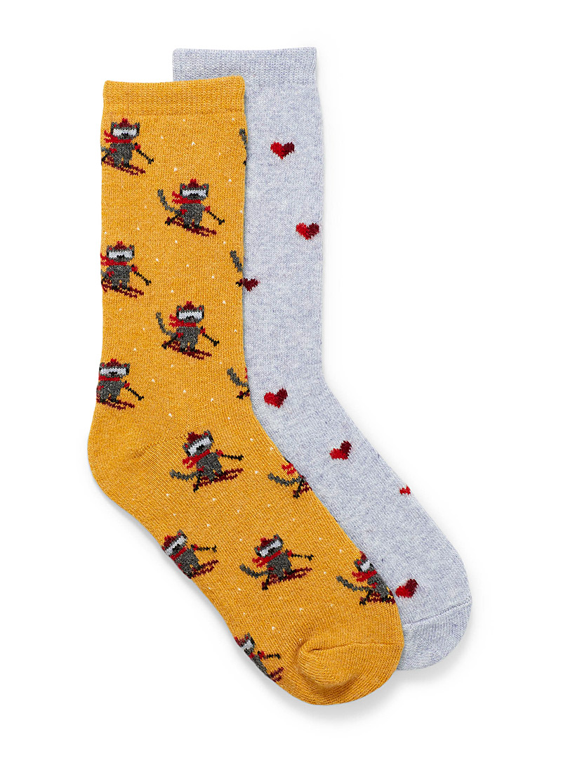 Simons Medium Yellow Skiing cats and hearts socks Set of 2 for women