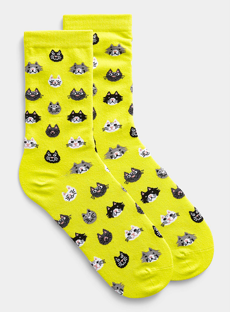 Simons Lime Green Feline emotion socks for women