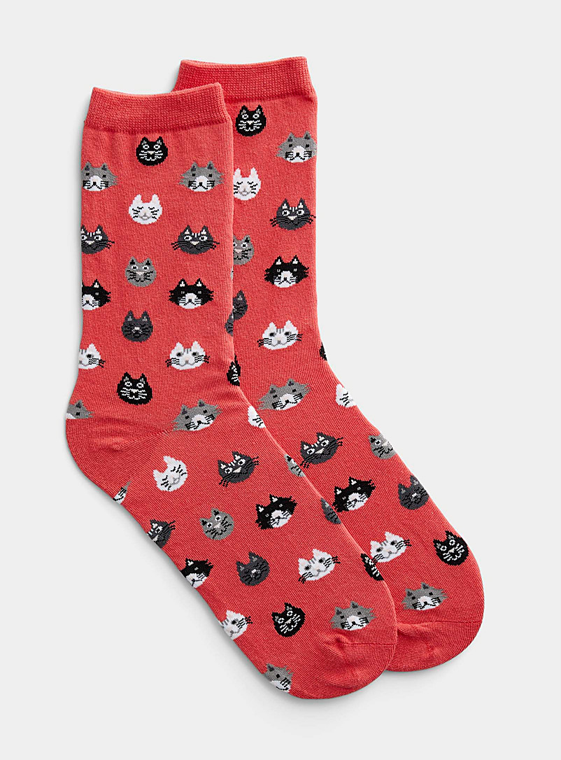 Simons Light Red Feline emotion socks for women