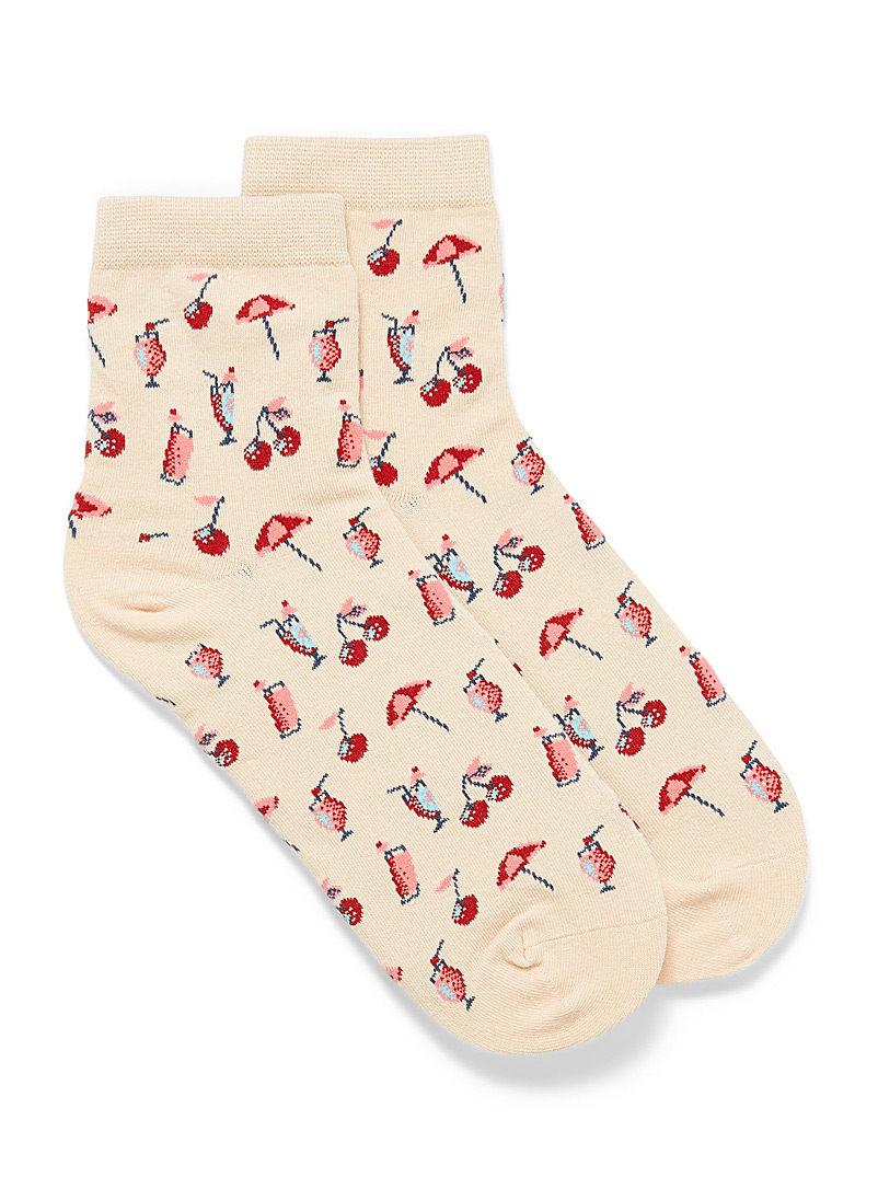 Simons Patterned Ecru Cherry and cocktail socks for women