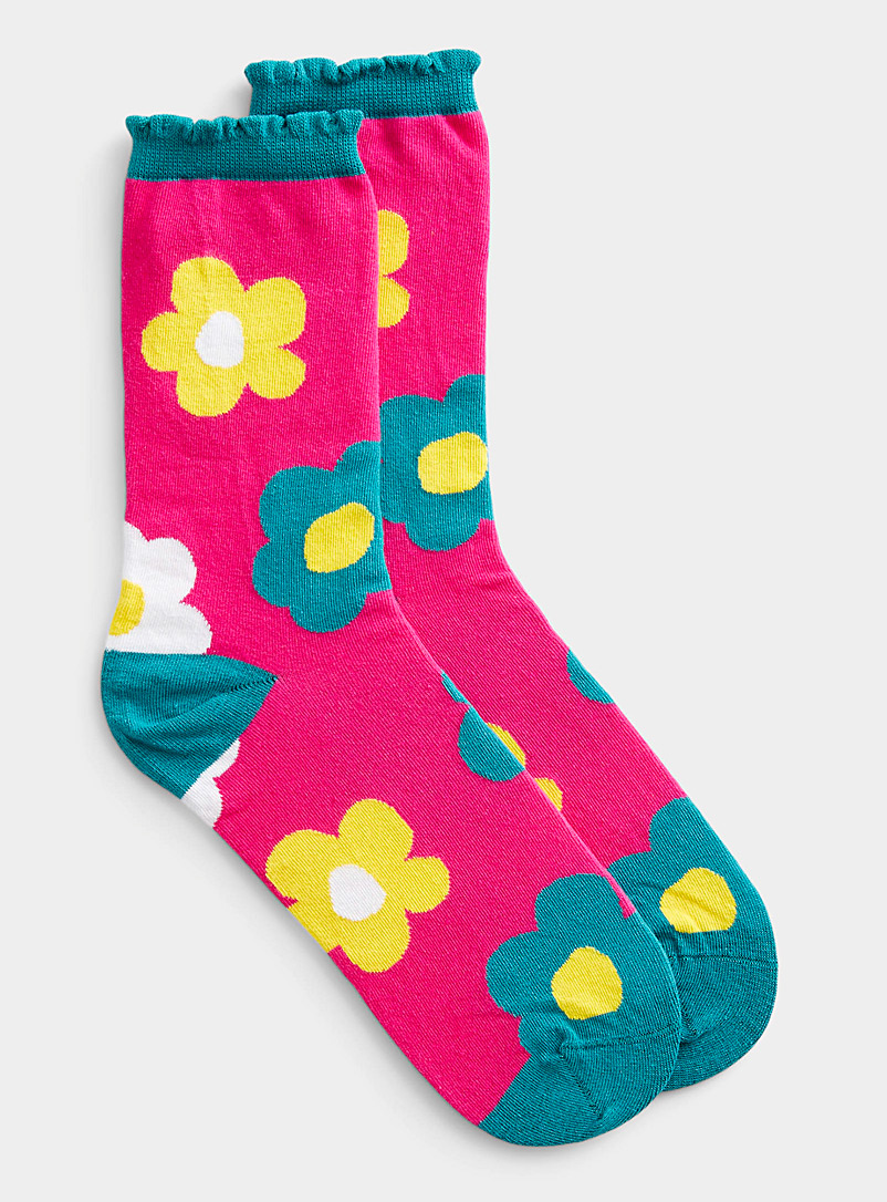 Simons Pink Large flower socks for women