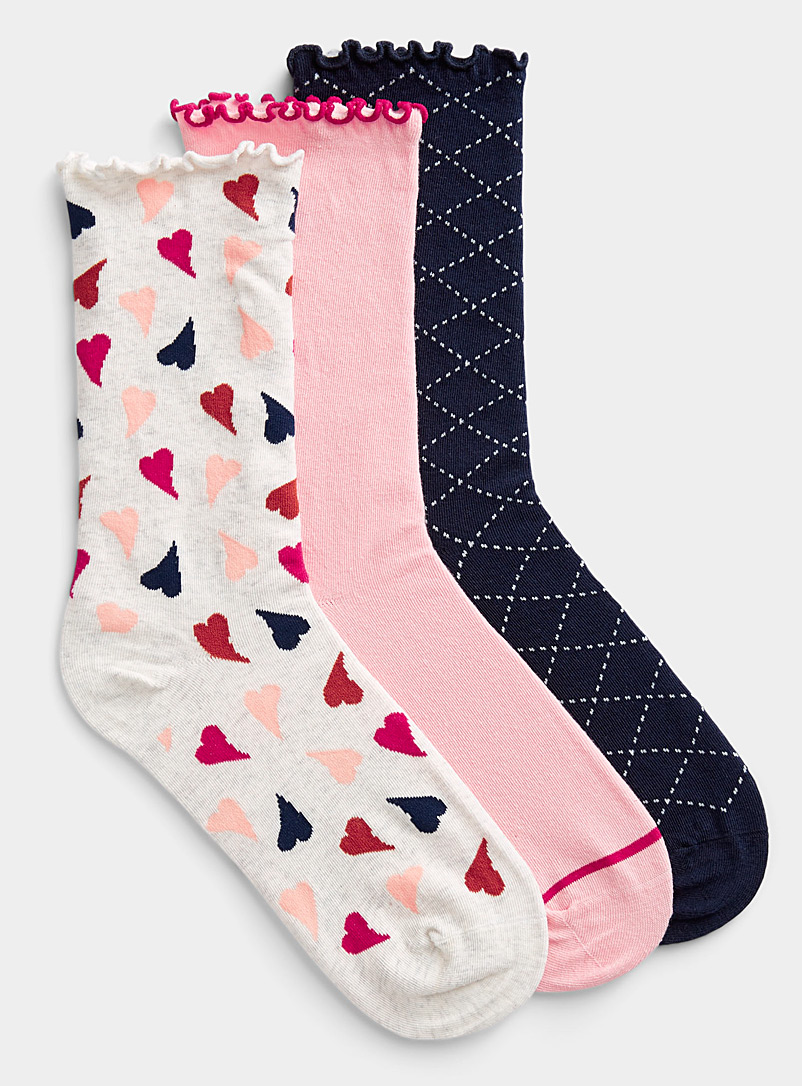 Simons White Patterned ruffle socks Set of 3 for women