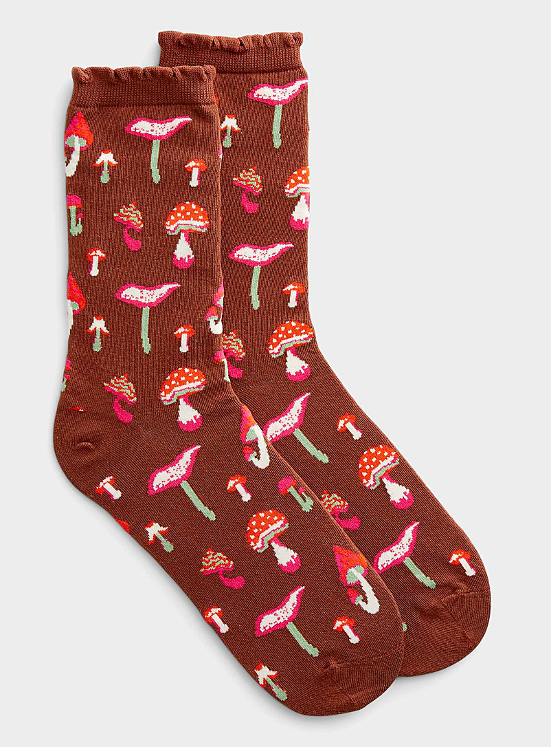 Simons Medium Brown Playful pattern ruffle socks for women