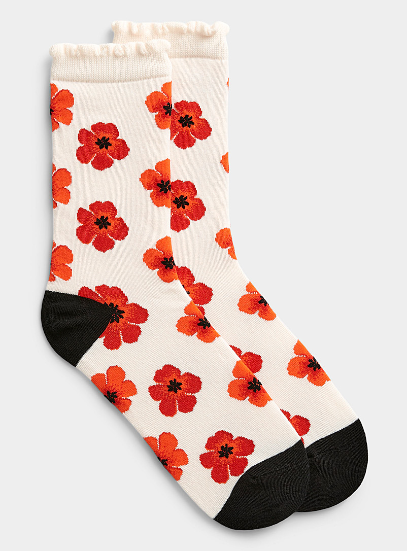 Simons Ivory White Hibiscus and ruffle socks for women