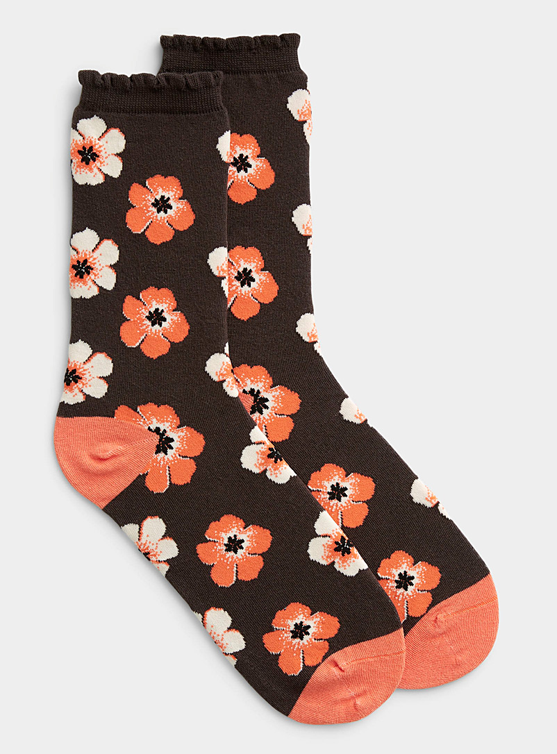 Simons Charcoal Hibiscus and ruffle socks for women