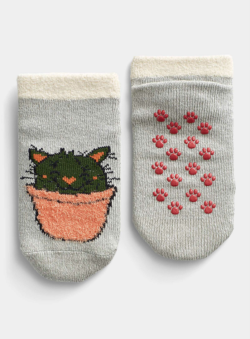 Simons Light Grey Potted cactus winter ped socks for women