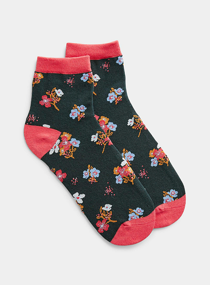 Simons Mossy Green Colourful mini-flower sock for women