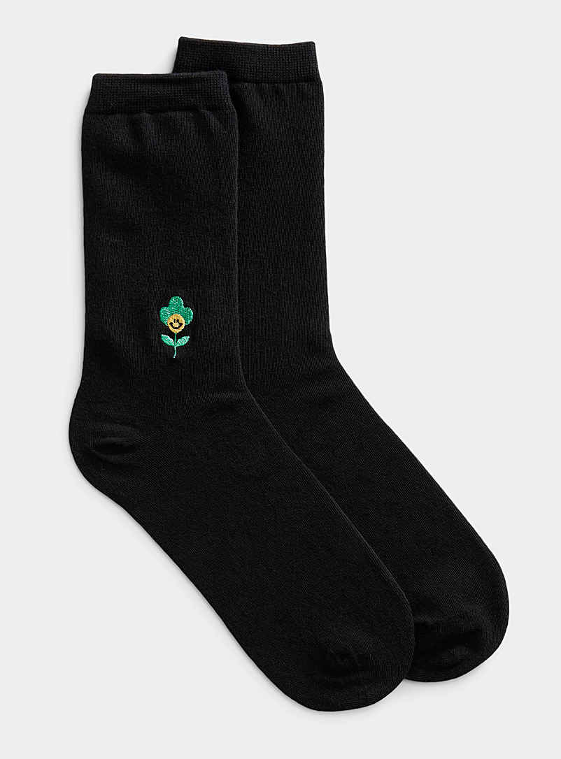 Simons Black Playful embroidery solid sock for women