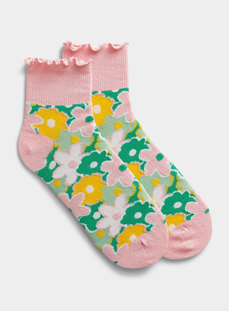 Simons Patterned White Patterned ruffle ankle sock for women