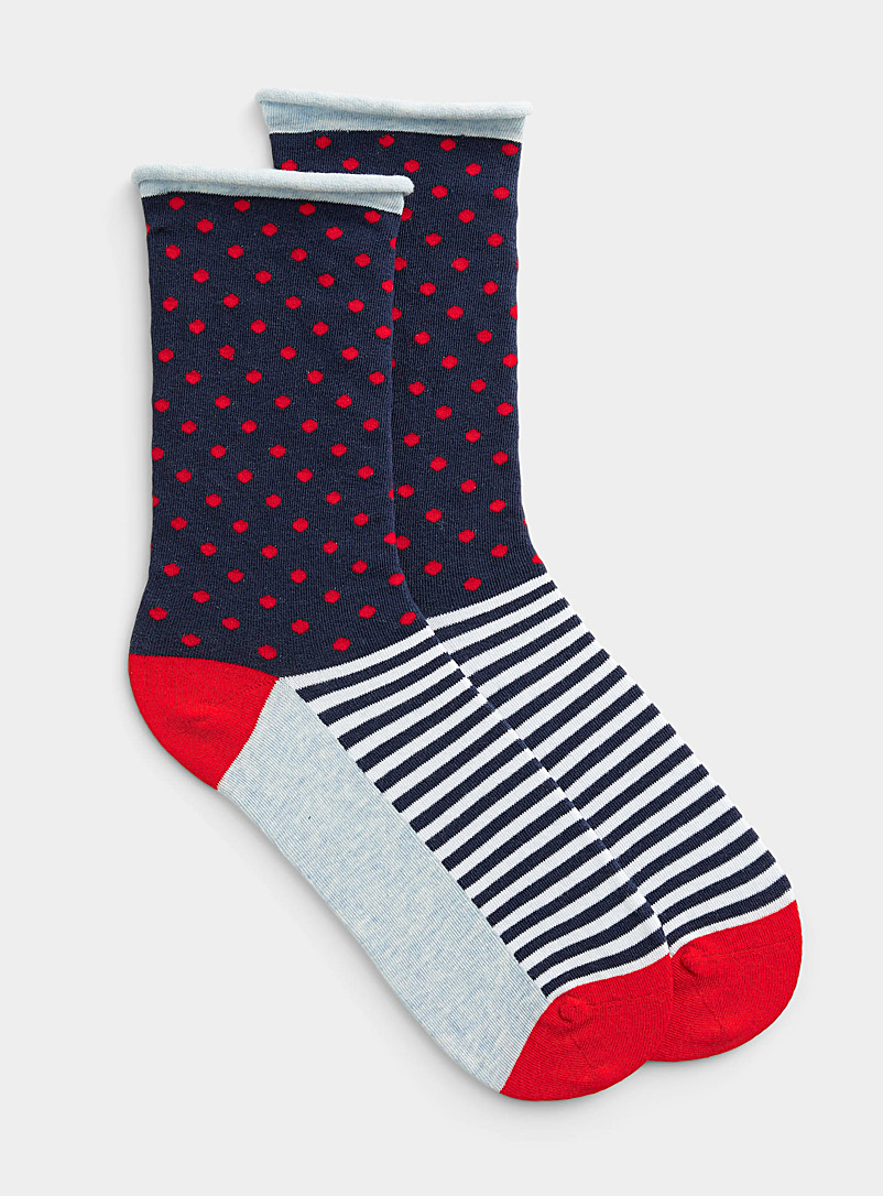 Simons Marine Blue Contrast stripes and dots sock for women