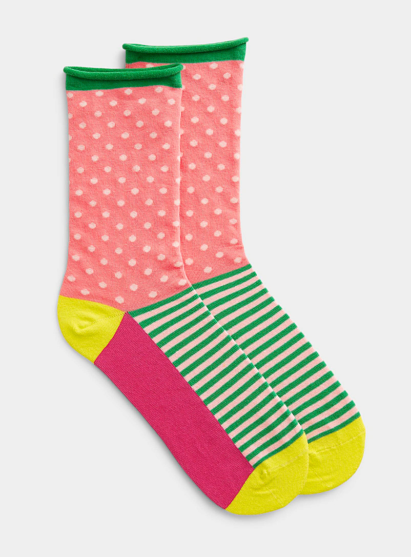 Simons Pink Contrast stripes and dots sock for women