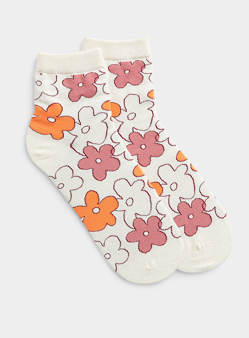 Simons Ivory White Drawn flower socks for women