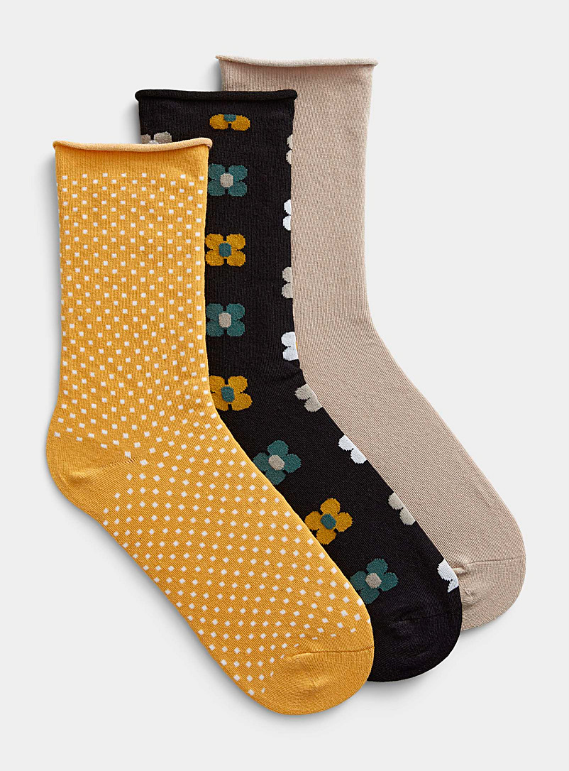 Simons Black Solid, dot and flower socks Set of 3 for women