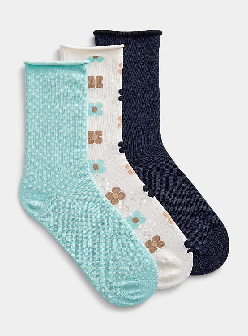 Simons Ivory White Solid, dot and flower socks Set of 3 for women