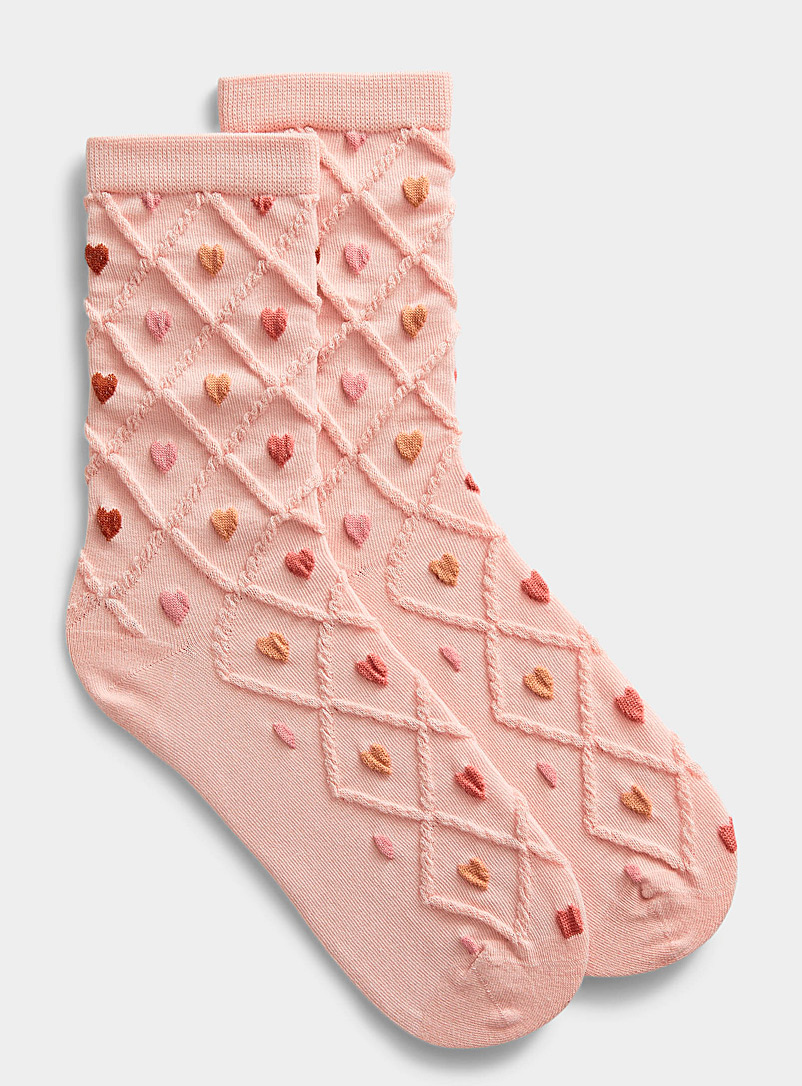 Simons Peach Pink Embossed heart and diamond socks for women