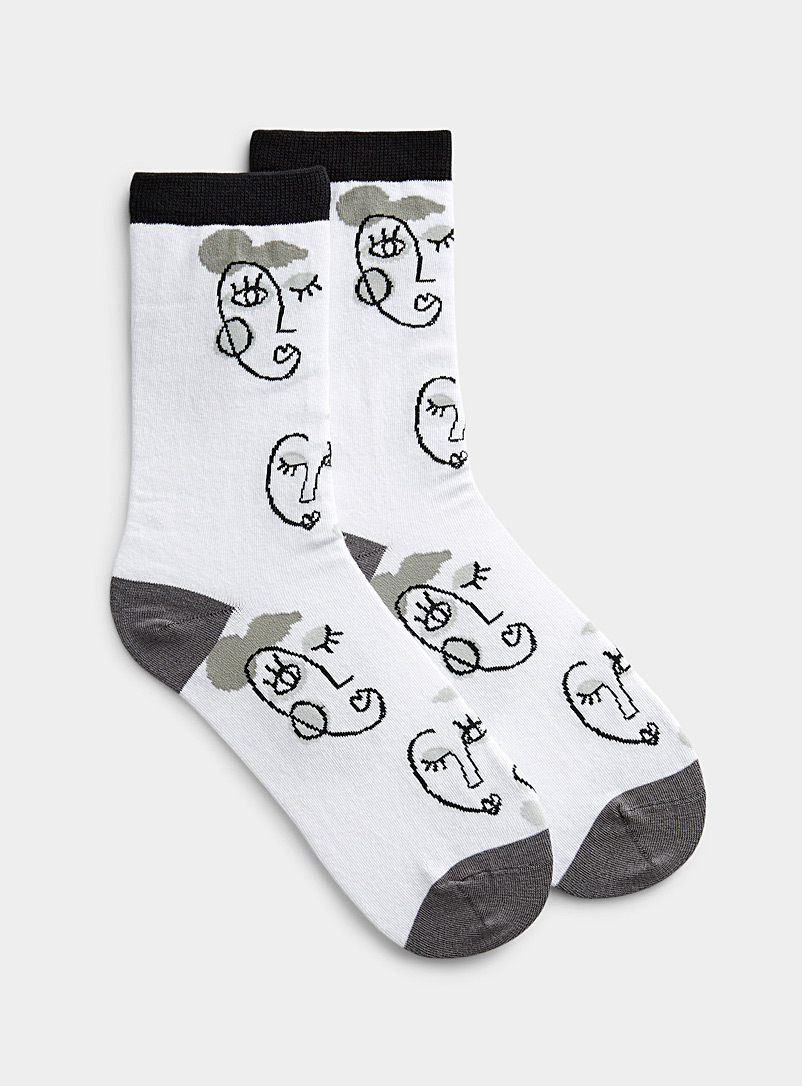 Simons White Abstract face socks for women