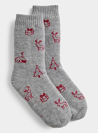 Miiyu: La pantoufle-chaussette motif hivernal En soutien &agrave; Banques alimentaires Canada Gris &agrave; motifs pour femme