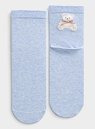 Plush teddy bear and bow ankle socks